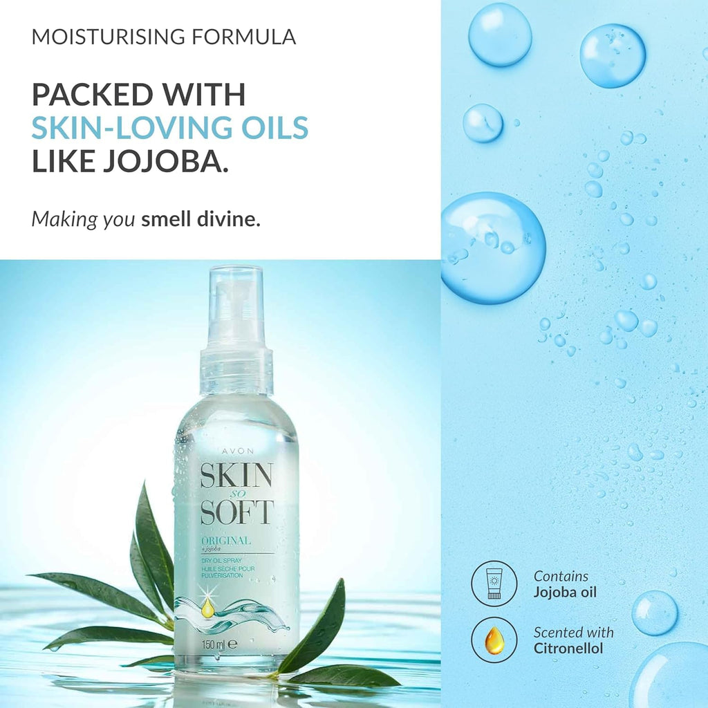 AVON SKIN SO SOFT Original Dry Oil Spray (5 Fl. Oz) Each – Luxury Lightweight Body & Hair Oil Mist – Fast-Absorbing, Non-Greasy, Silky Smooth Finish 150ML (2-PACK)