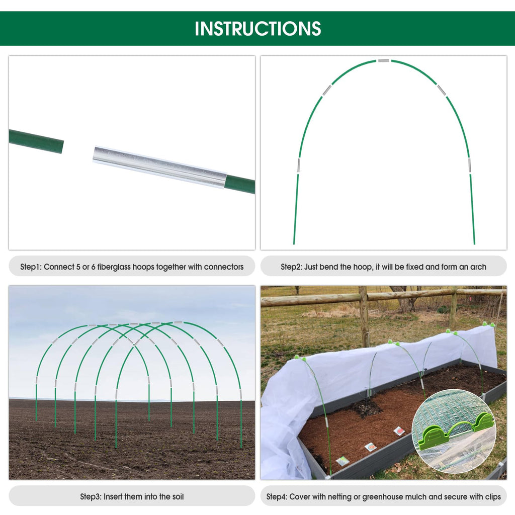 JCKHXG 72pcs Garden Hoops for Raised Bed, 12 Sets of 8FT Long Greenhouse Hoops Grow Tunnel, Rust-Free Fiberglass Support Hoops Frame for Netting, DIY Plant Support Garden Stakes for Row Cover