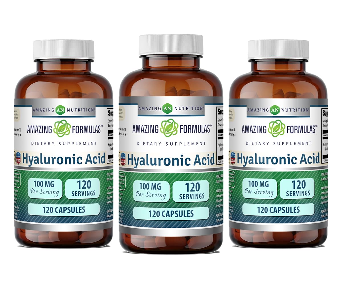 Amazing Formulas Hyaluronic Acid 100 Mg Supplement | Capsules | Non-GMO | Gluten-Free | Made in USA (120 Count, 3 Pack)