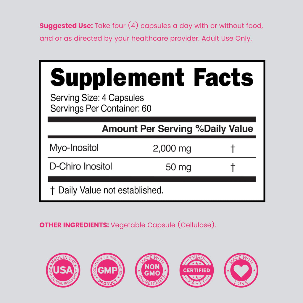 Myo-Inositol & D-Chiro Inositol Supplement For Women (240 Capsules, 2050mg Per Serving Ideal 40:1 Ratio Myo Inositol) Hormone Balance for Women - Third Party Tested, Vegan Safe & USA Made - 240 Count