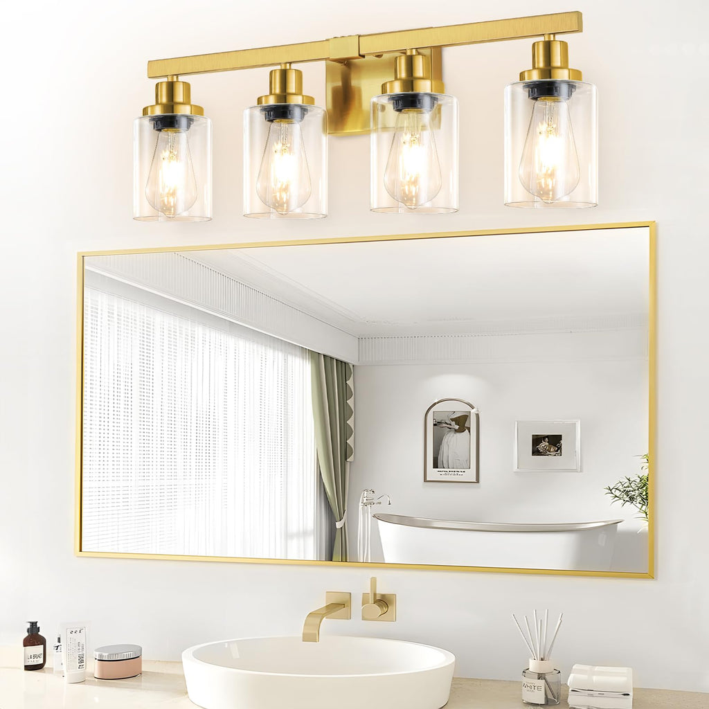 DIKAIDA Bathroom Vanity Light, 4-Light Modern Matte Gold Wall Sconce Lighting with Clear Glass Shade, Black Wall Lights,Bath Vintage Wall Mounted Lamps for Mirror Bedroom Living Room