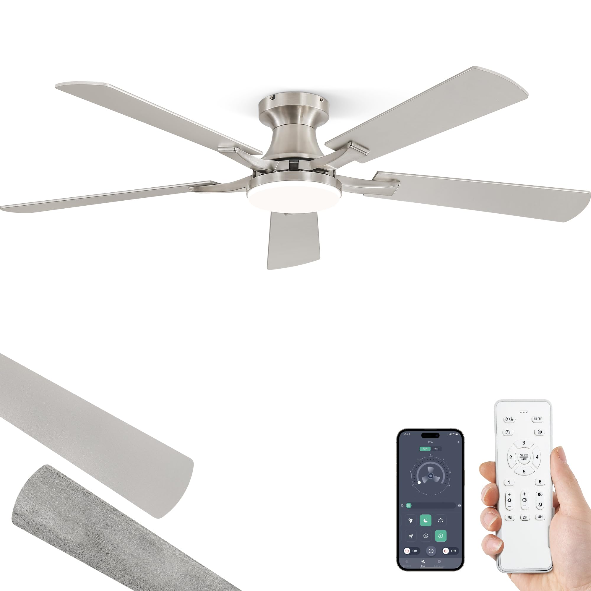 ZMISHIBO 52 Inch Ceiling Fan with Light, App&Remote Control, Flush Mount Low Profile, Dimmable 20W LED Light, Quiet Reversible Motor for Bedroom, Living Room, Apartment, Nickel