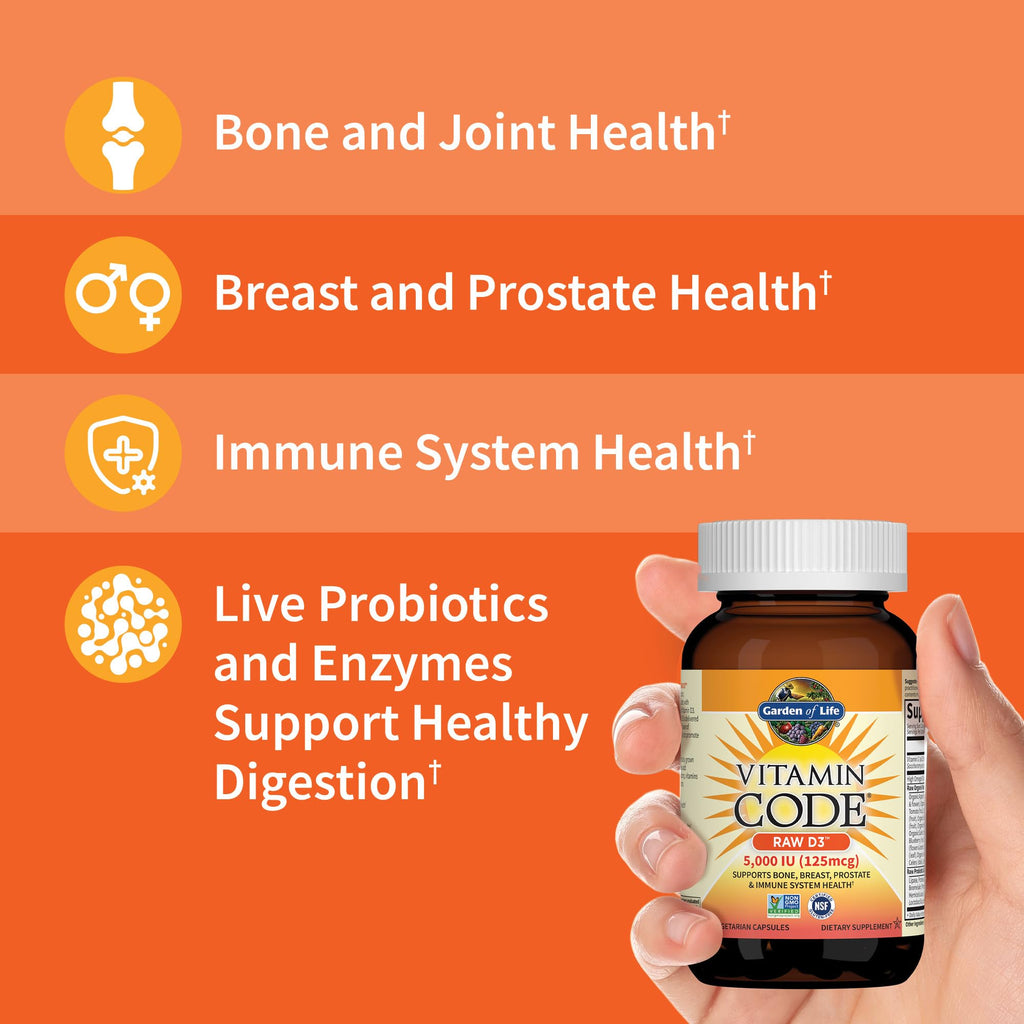 Garden of Life Vitamin D, Vitamin Code Raw D3, Vitamin D 2,000 IU, Raw Whole Food D3 Supplements with Chlorella, Fruit, Veggies & Probiotics for Bone & Immune Health, 120 Vegetarian Capsules