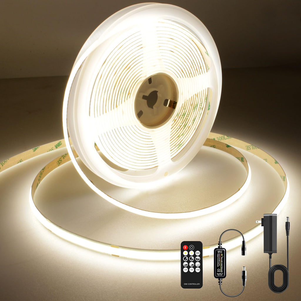 AXMOTUT COB LED Strip Light with Remote, Dimmable 16.4FT/5M Flexible High Density LED Light,4000K Natural White 2400LEDs Super Bright LED Light Strip CRI 90+ for Bedroom,Kitchen,DIY Home Decoration
