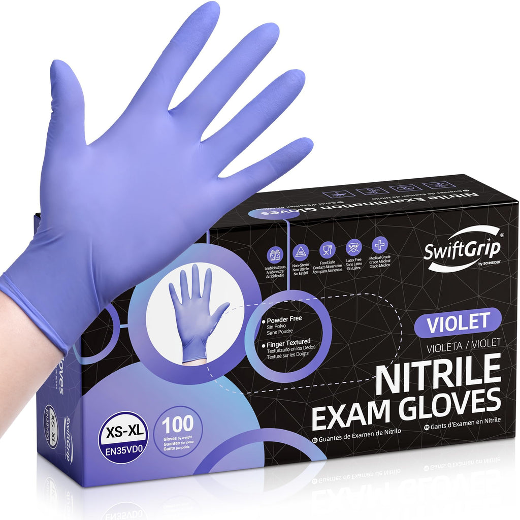 SwiftGrip Disposable Nitrile Exam Gloves, 3mil, Medium, Box of 50, Violet Nitrile Gloves Disposable Latex Free for Medical, Cleaning, Cooking & Esthetician, Food-Safe, Powder-Free, Non-Sterile, Purple