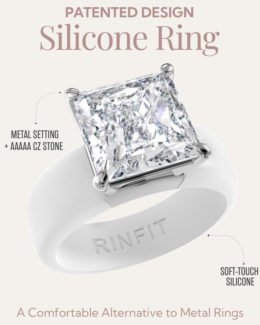Rinfit Silicone Ring with Stone, Princess Cut CZ - Wht/Sil, Size 7