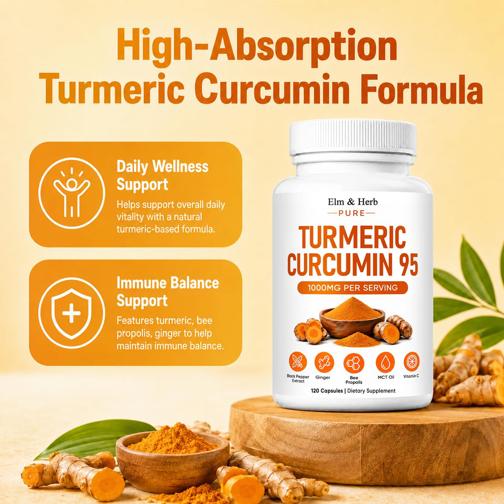 Elm & Herb Pure Turmeric Curcumin 95, Turmeric Curcumin Supplement with Black Pepper, Bee Propolis, Ginger, Fat Soluble Vitamin C (2)