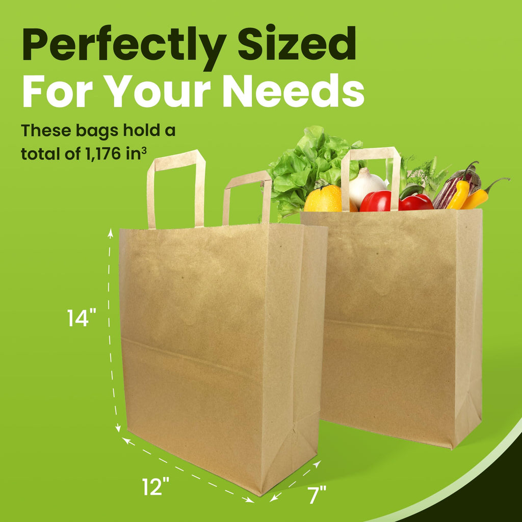Reli. Paper Grocery Bags w/Handles (100 Pcs, Bulk)(12"x7"x14") Large Paper Grocery Bags with Handles - Heavy Duty 57 Lbs Basis - Shopping, Takeout/To Go, Retail (Brown/Kraft)