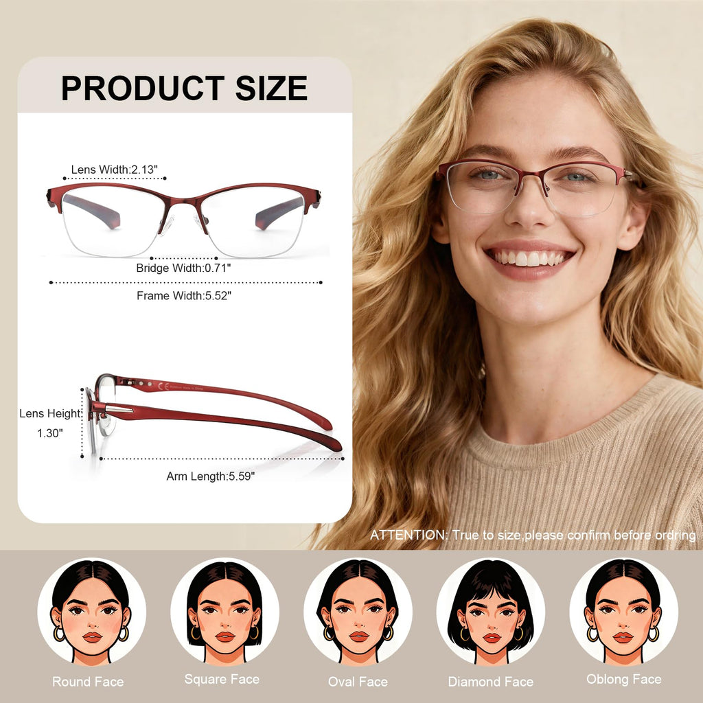 SKYOAK 2 Pack Stylish Progressive Reading Glasses for Women, Metal Half Frame Fashion Anti UV400/Eye Strain Computer Readers, Cat Eye Modern Design Ladies No-Line Multifocal Eyeglasses, +2.5
