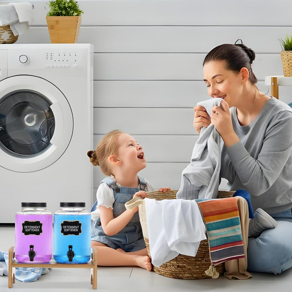 2-Pack Laundry Detergent Dispenser with Bamboo Stand，1 Gallon Laundry Soap Dispenser with Measuring Cup，Glass Laundry Detergent Containr for Laundry Room Organization and Storage