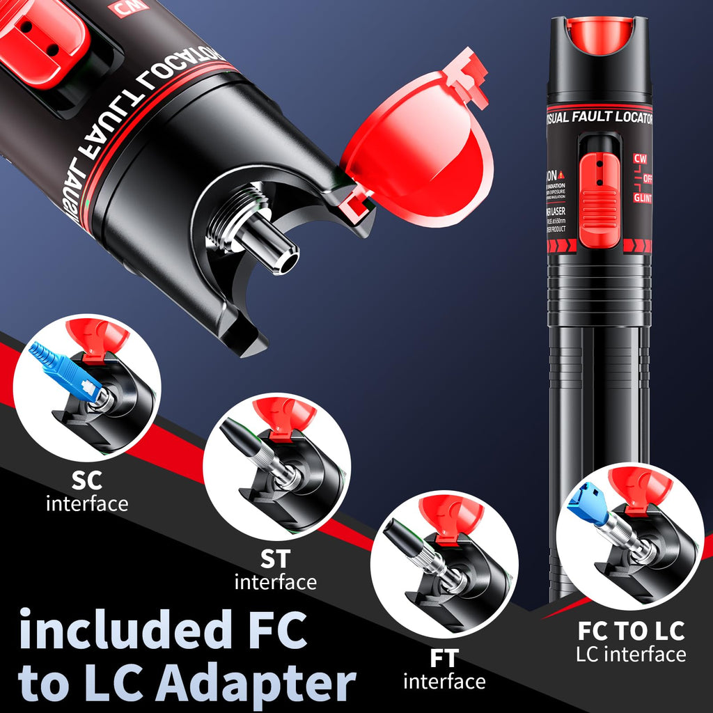 Visual Fault Locator 30KM - Rechargeable VFL Fiber Optic Tester Kit Include Single Mode 9/125um FC Male to LC Female Adapter, Fiber Optic Lights for Network Cable