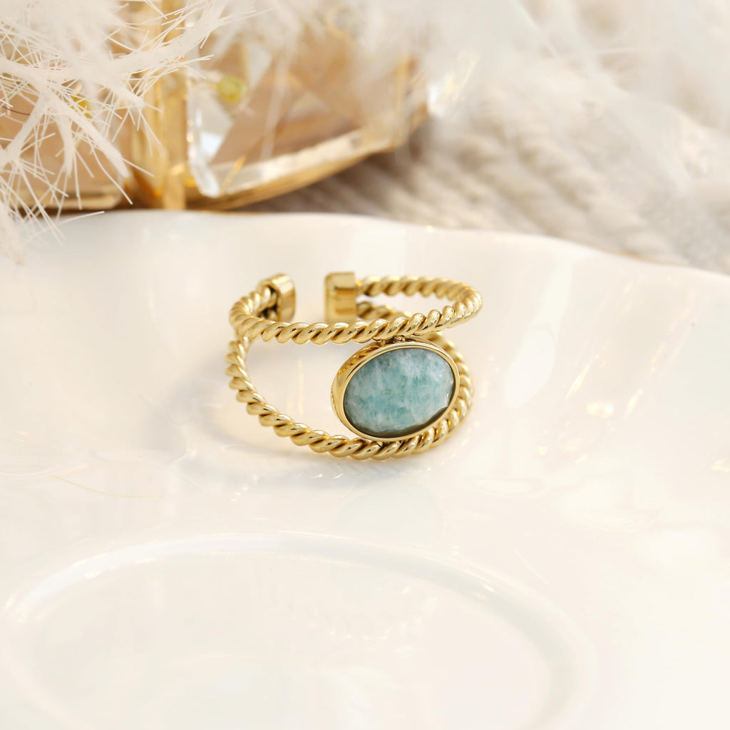 Made by Nami Adjustable Gold Plated Gemstone Ring for Women Handmade Boho Stacking Rings Chunky Open Band Turquoise Statement Jewelry Unique Minimalist Design for Everyday or Special Occasions (Double Row Turquoise Stone)