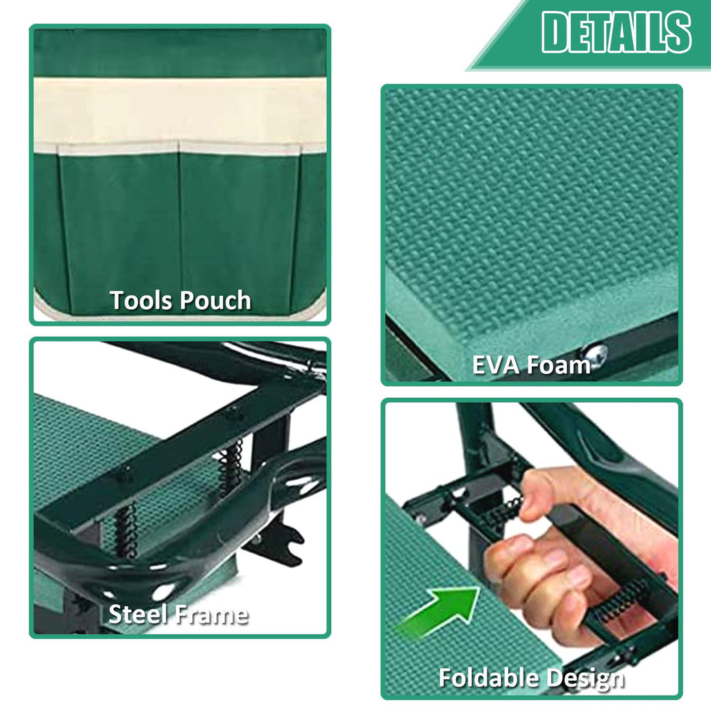 Heavy Duty Foldable Garden Kneeler and Seat with Tool Pouch, Green