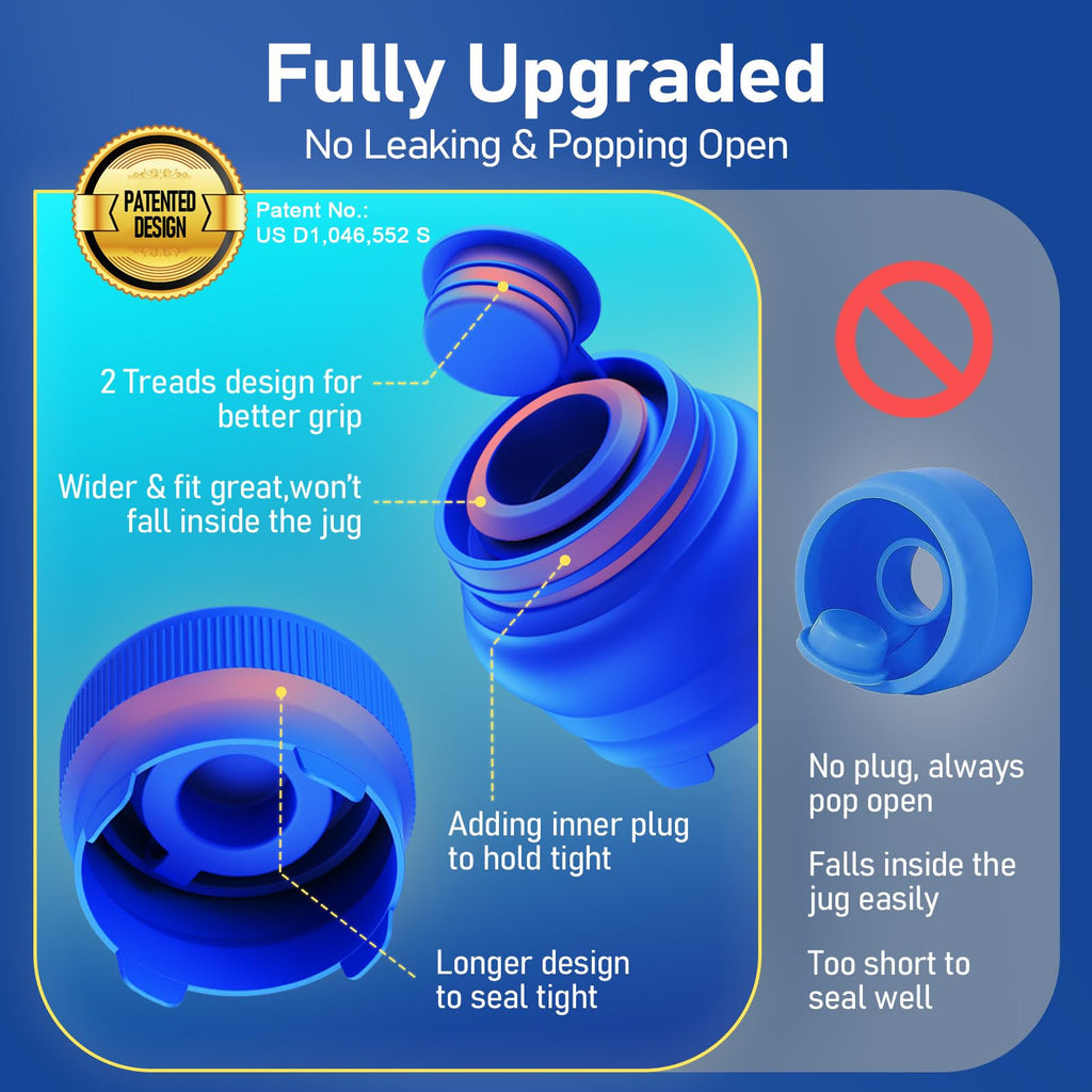 【Upgraded】Morsatie Reusable 3 & 5 Gallon Water Jug Cap, No Leaking & Popping Open, Food Grade Silicone Replacement Cap for 55mm Standard/Screw/Crown Top Water Bottle & Water Pump Dispenser, 10Pcs