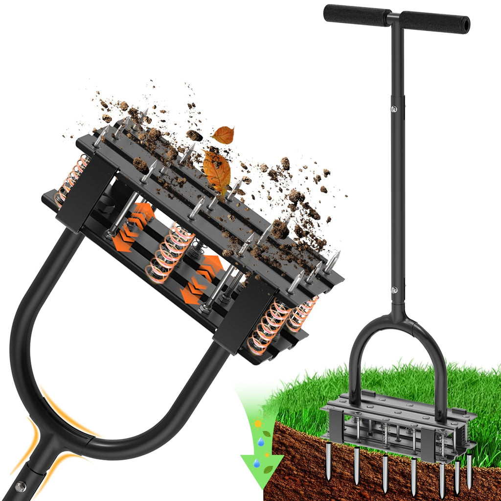 Aerator Lawn Tool - 2-in-1 Reinforced Heavy Duty Manual Lawn Aerator with 15 Spikes, Automatic Dirt and Leaf Clean Design, Adjustable T-Handle (Gloss Black)