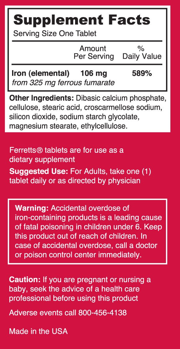 Ferretts Iron Tablets 106mg (325mg Ferrous Fumarate) - 60 Day Supply of High Potency Iron Supplements for Women & Men, Easy on The Stomach Iron Supplements for Anemia, 60 Iron Pills Per Bottle