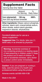 Ferretts Iron Tablets 106mg (325mg Ferrous Fumarate) - 60 Day Supply of High Potency Iron Supplements for Women & Men, Easy on The Stomach Iron Supplements for Anemia, 60 Iron Pills Per Bottle