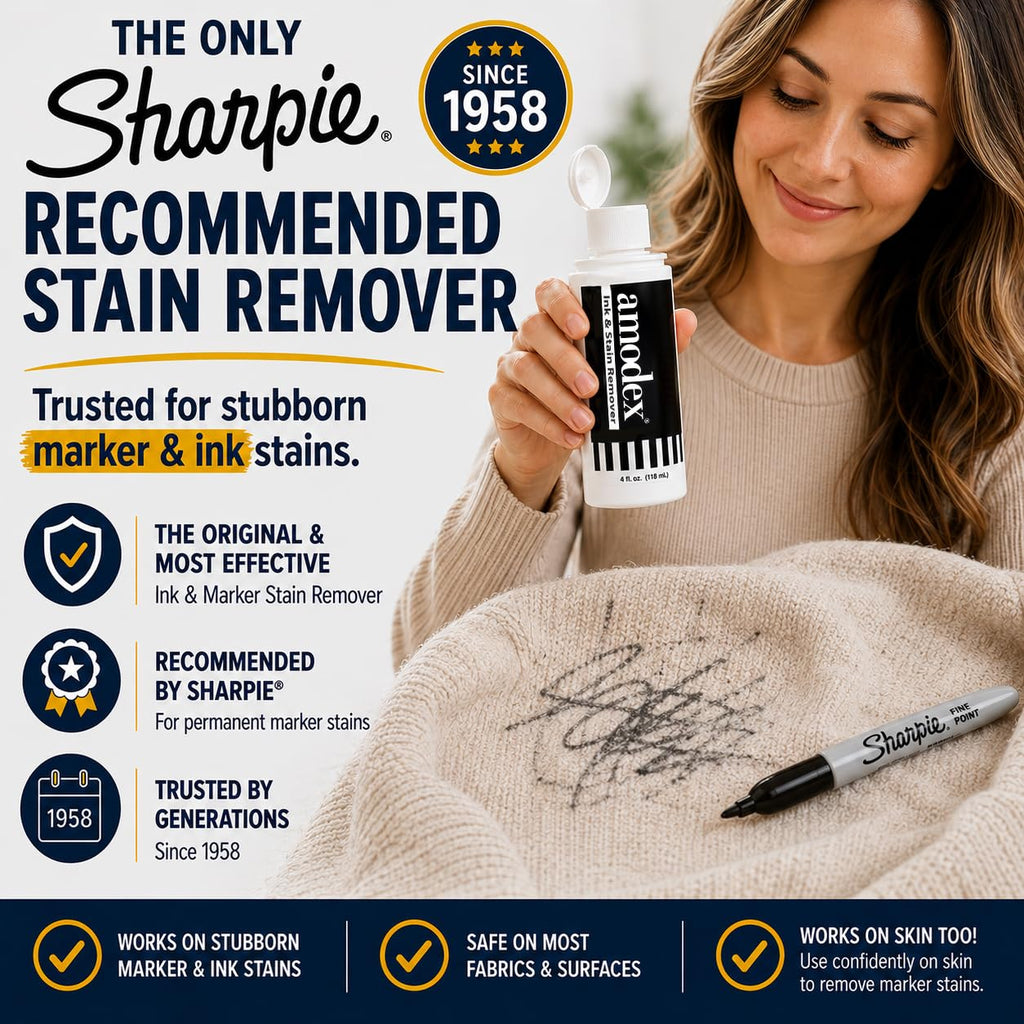 Amodex Ink & Stain Remover for Clothes, Leather and Skin - Removes Ink, Ballpoint, Sharpie, Grease and More, Works on Set-in Stains, Gentle but Powerful, 4oz/120ml Bottle (Pack of 3)