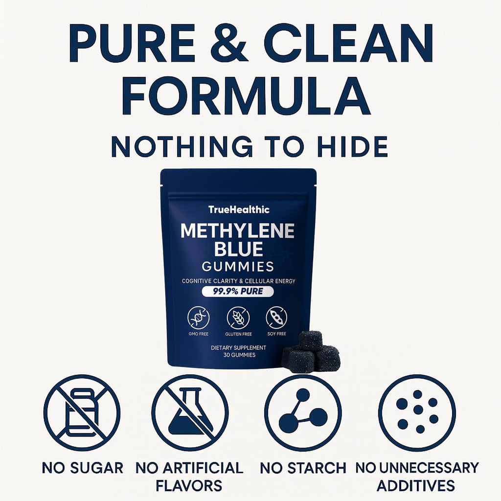 TRUEHEALTHIC Methylene Blue Gummies - 99.9% Pure, 5mg per Gummy, Supports Sustained Energy, Mental Clarity, Reduces Brain Fog & Improves Focus, Mood Enhancement - 30 Gummies (1)