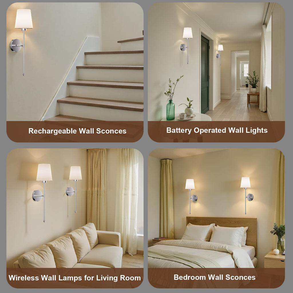 IRONPAX Wall Sconces Battery Operated Set of 2, Wireless Rechargeable Wall Sconce Set of Two, Dimmable Wall Lights with Remote for Bedroom Living Room Hallway Decor (Brushed Nickel, Fabric Shade)