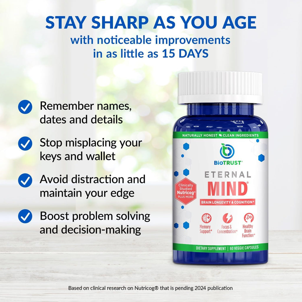 BioTrust Eternal Mind Brain Supplements for Memory & Focus - Sharpen Mental Agility, Recall & Concentration with Age - Clinically Studied Supplement for Longevity & Cognition - 30 Servings