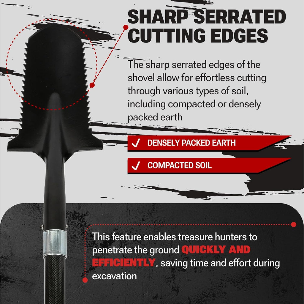 CKG Carbon Metal Detecting Shovel Digging Tool with Double Serrated Blade – Lightweight Digger Garden Root Cutter, Spade Professional Metal Detector Accessories, Gold Digger Shovel - Carbon Black