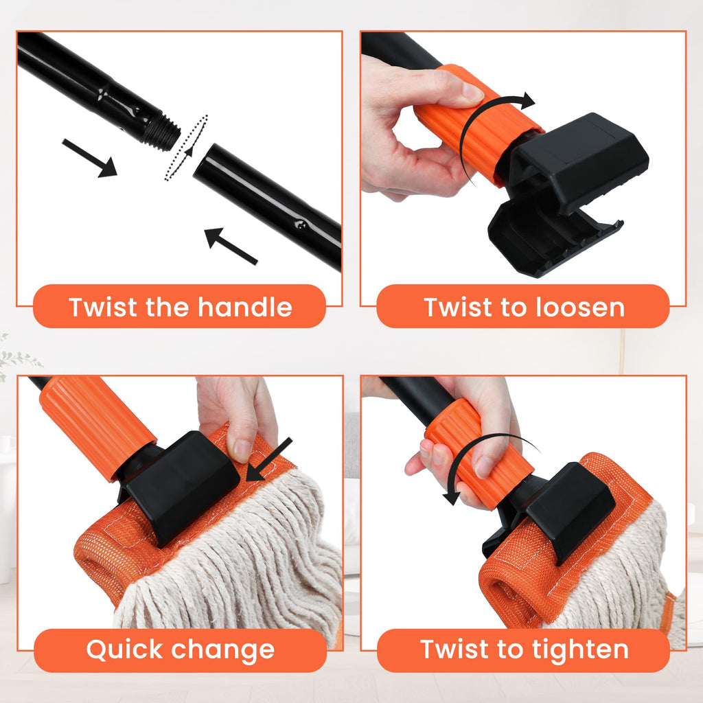 KalTell (2PK) Commercial Wet Mop Handles Replacement, Heavy Duty Jaw Clamp Style Mop Stick, Industrial Mop Grippers-Savety Orange