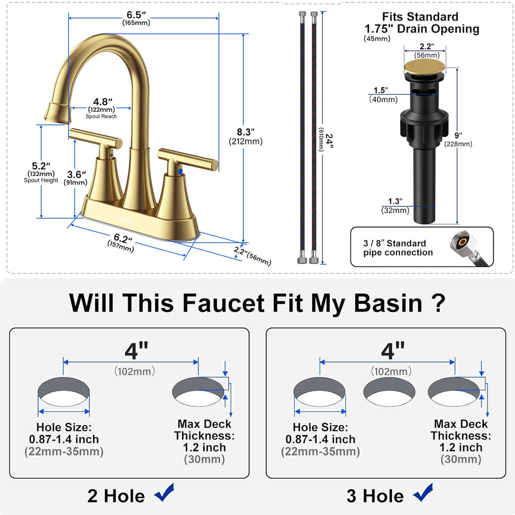 4 inch Brushed Gold Bathroom Sink Faucet with Pop-up Drain and 2 Supply Hoses, Stainless Steel Lead-Free 2-Handle Centerset Faucet for Bathroom Sink Vanity RV