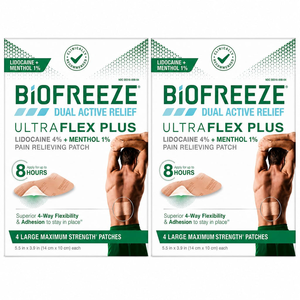 Biofreeze Ultraflex Maximum Strength 4% Lidocaine + 1% Menthol Patches, Non-Menthol, Flexible Pain Relief Patch for Lower Back, Neck, Knee, Shoulder, 4 Large Pain Patches (2 Pack)