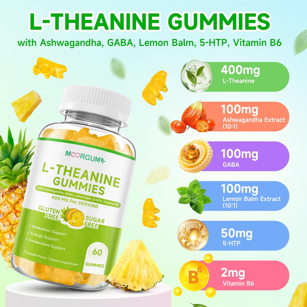 L-Theanine Gummies, 400mg l'theanine Chewable Supplement with Ashwagandha, GABA, Lemon Balm, 5-HTP, Vitamin B6, Support Zzz, Relax & Emotion, Vegan, Non-GMO, Sugar Free, Pineapple Flavor, 60 Count