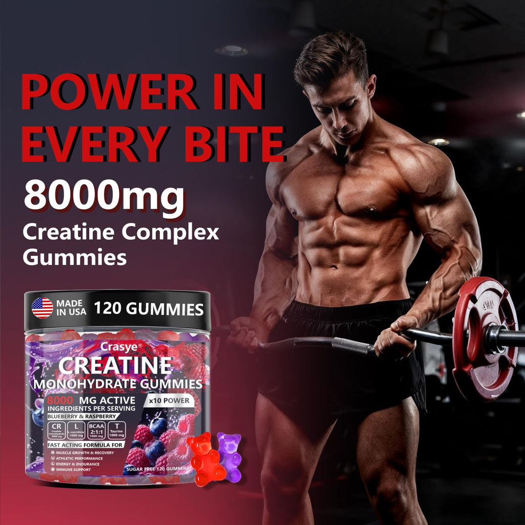Crasye Creatine Gummies Complex 8000mg for Men and Women Creatine Monohydrate Gummy with BCAA Taurine for Muscle Strength and Energy Boost Sugar Free Pre-Workout Supplement - 120 Gummies
