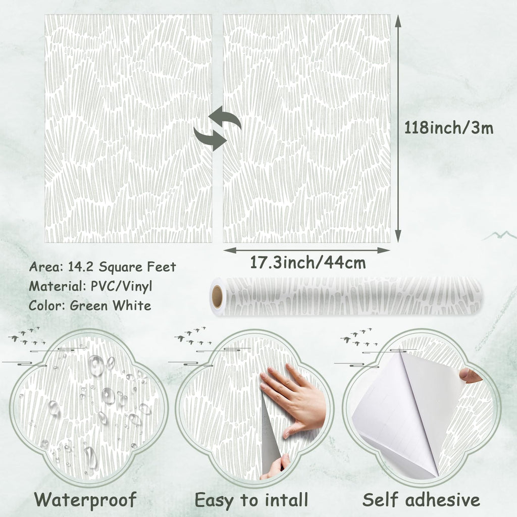 Theper Green Wallpaper 17.3"×118" Modern Striped Wall Paper Peel and Stick Wallpaper Boho Self Adhesive Removable Wallpaper for Bedroom Waterproof Vinyl White and Green Contact Paper