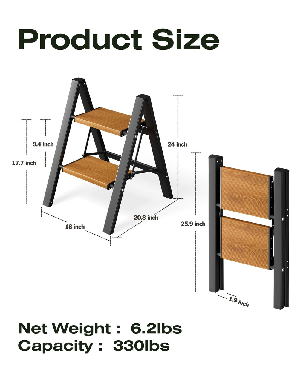 Taranta 2-Step Aluminum Ladder,Lightweight Folding Step Stool with Extra-Wide Anti-Slip Steps,330 lbs Capacity,Compact Space-Saving Design for Home,Kitchen and