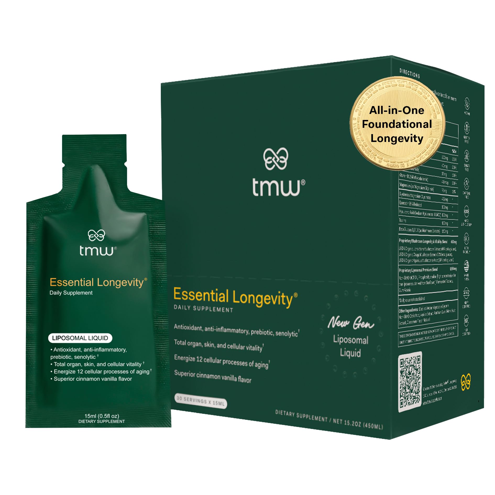 Essential Longevity® — 100% Liposomal 15-in-One Stack. NAD+ Precursor Nicotinamide, Quercetin, C, D3, B12, Magnesium Glycinate, Lions Mane, Chaga, Agaricus, Taurine, Sodium Hyaluronate. — 30 Sachets.