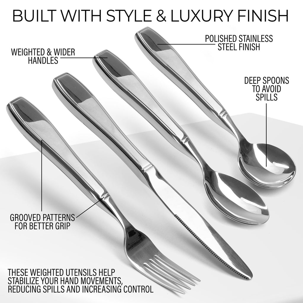 Weighted Utensils for Hand Tremors and Parkinson's Patients - 4 Piece Set Weighted Silverware for Elderly, Arthritis, Weak Hand Grip - Convenient Travel Bag, Stainless Steel, 7 Oz