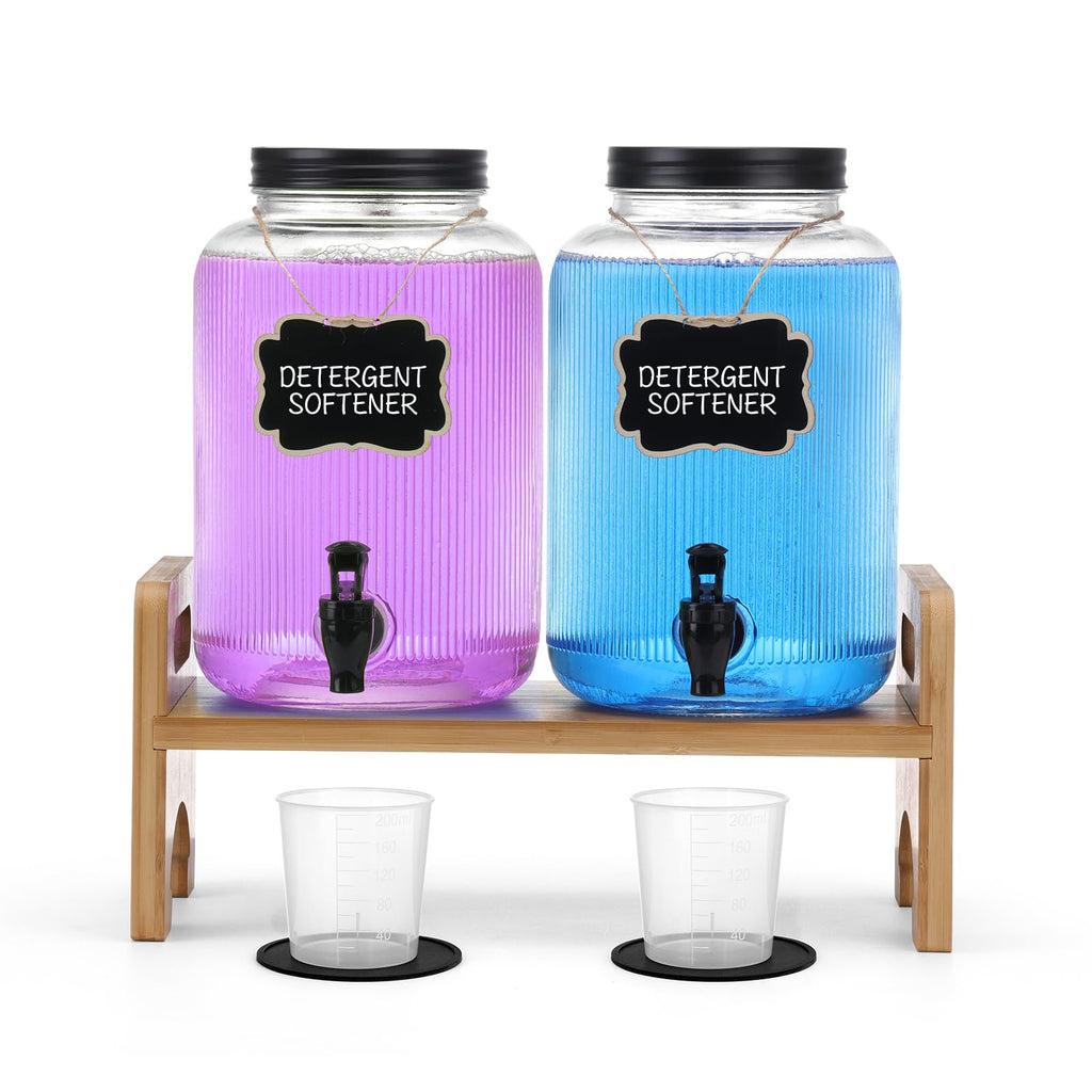 2-Pack Laundry Detergent Dispenser with Bamboo Stand，1 Gallon Laundry Soap Dispenser with Measuring Cup，Glass Laundry Detergent Containr for Laundry Room Organization and Storage