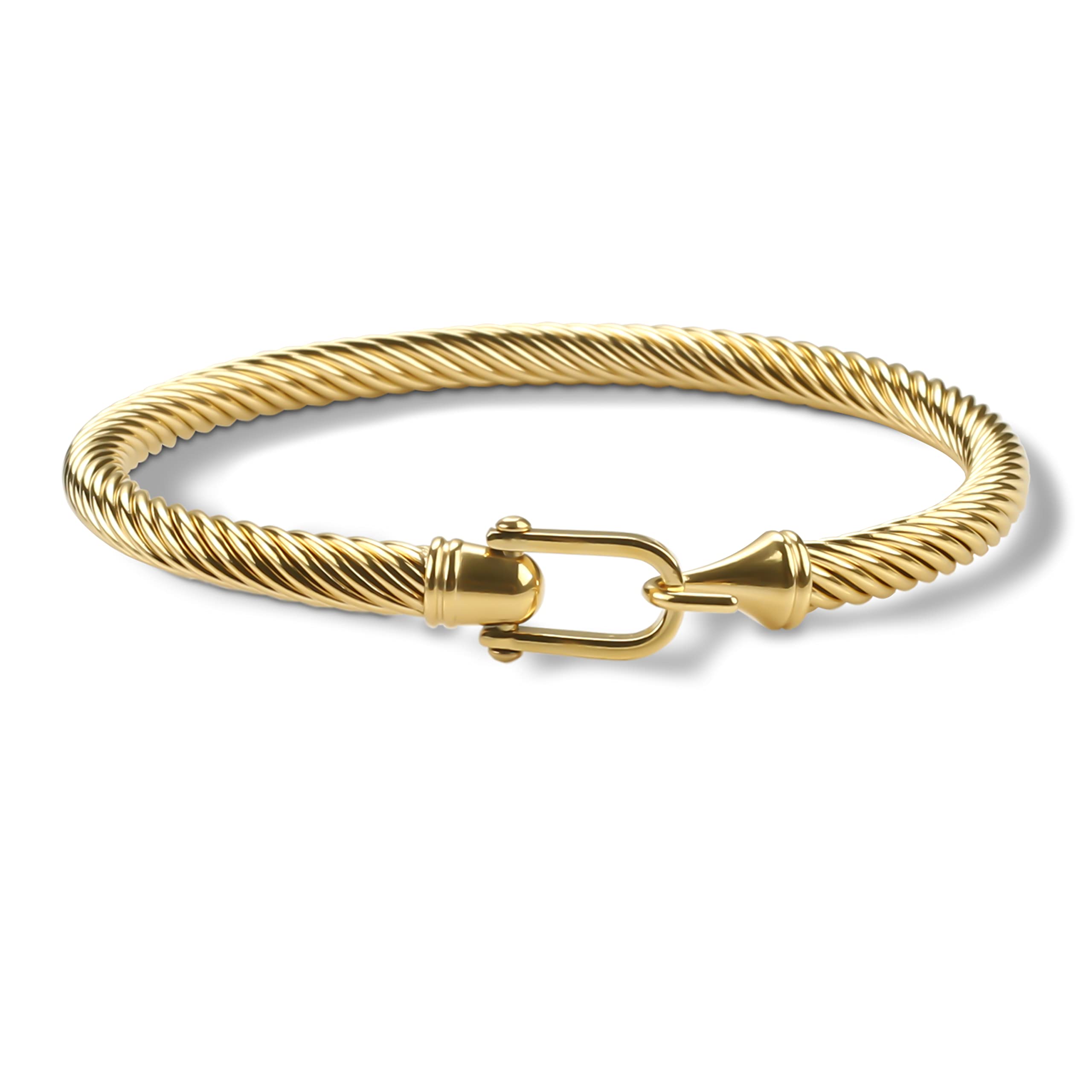 HX SHARE Twisted Cable Bracelet Stylish Fine Stainless Steel Cable Cuff Bracelet with Hook Clasp Bracelets Jewelry for Women 18K Gold （7.6"）