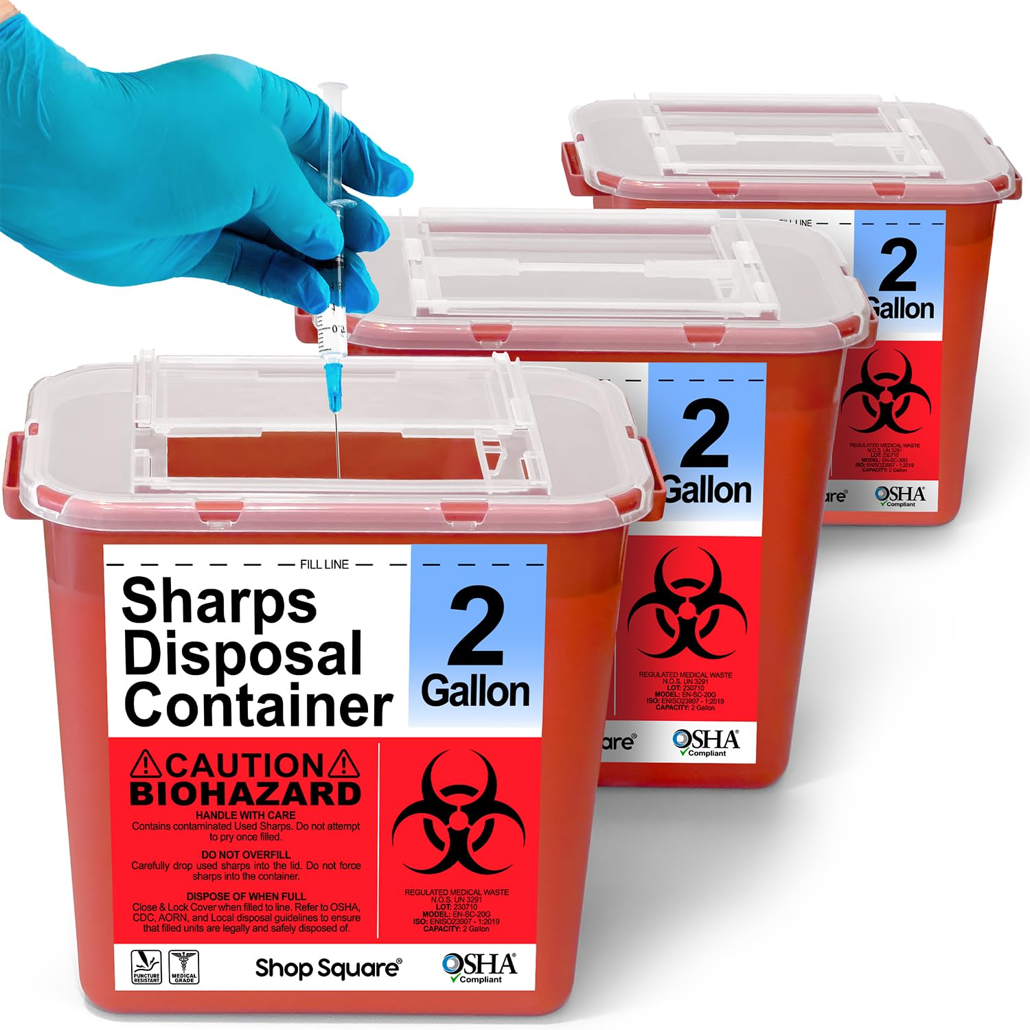 Sharps Containers for Home Use 2 Gallon (3-Pack) - Needle Disposal, Professional Grade Biohazard Containers