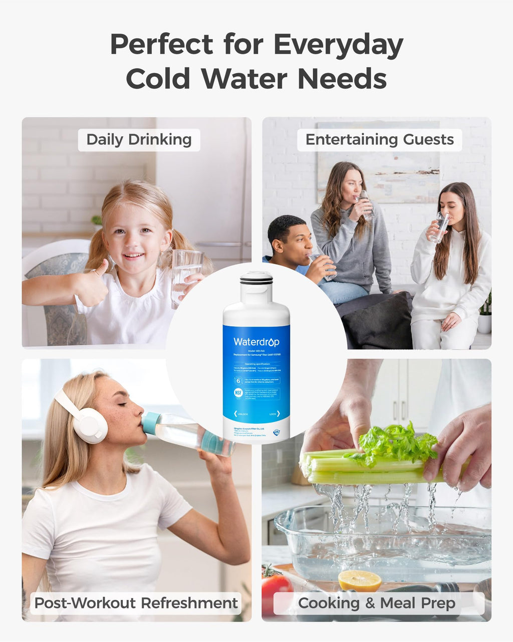 Waterdrop WD-F45 Replacement for Samsung® DA97-17376B, HAF-QIN/EXP, DA97-08006C, RF28R7201SR, RF28R7351SG, WD-F45, Refrigerator Water Filter, 3 Filters