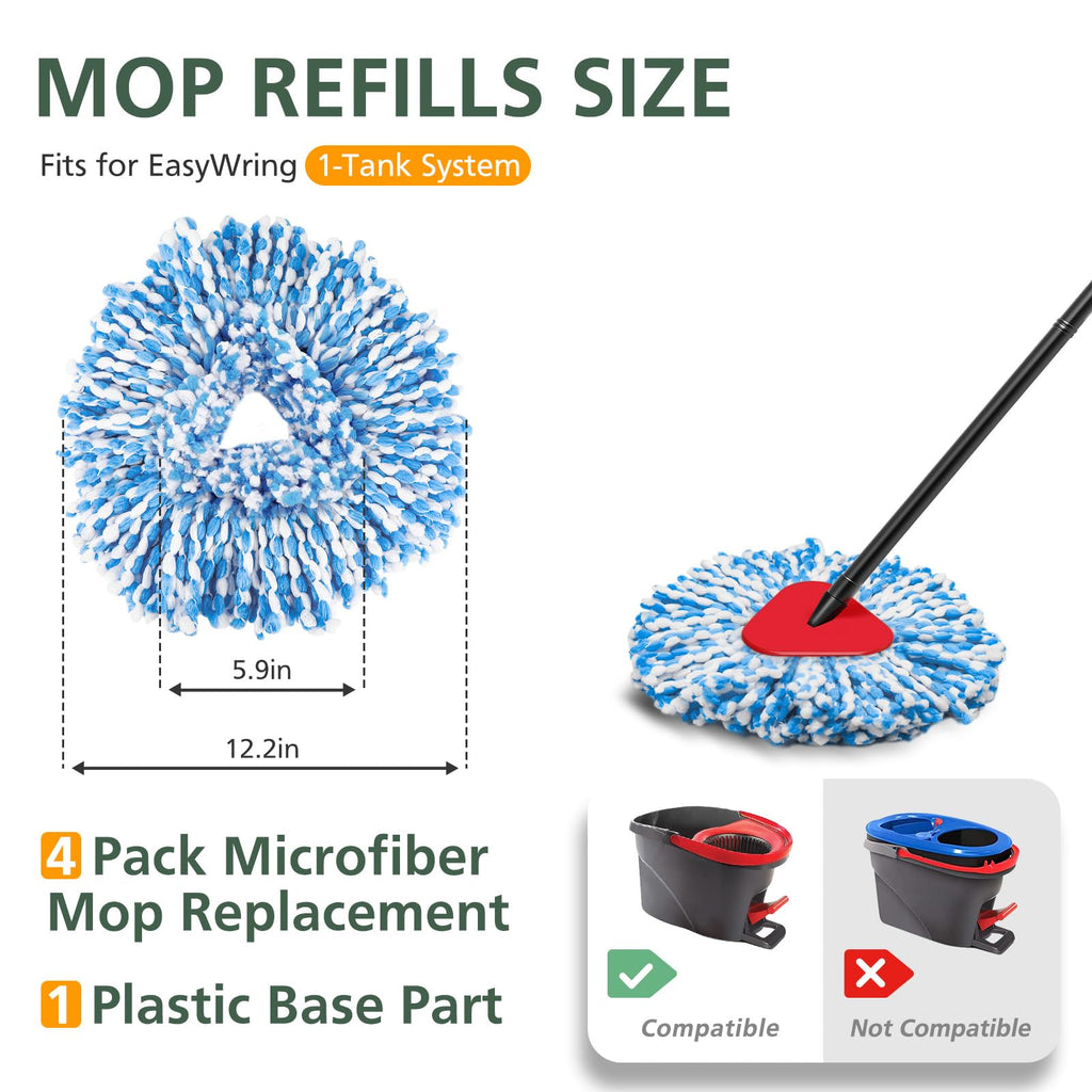 4 Pack Spin Mop Refill Replacement Head Compatible with EasyWring 1-Tank System Spinning Mop, with 1 Swivel Mop Base, 100% Microfiber Deep Cleaning Machine Washable - Blue