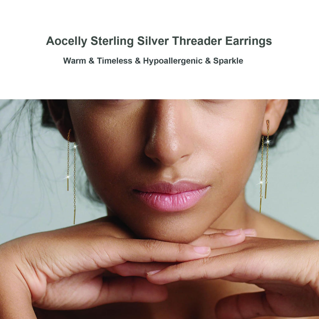 Chain Threader Earrings Dangle for Women Sterling Silver 925 (Gold)