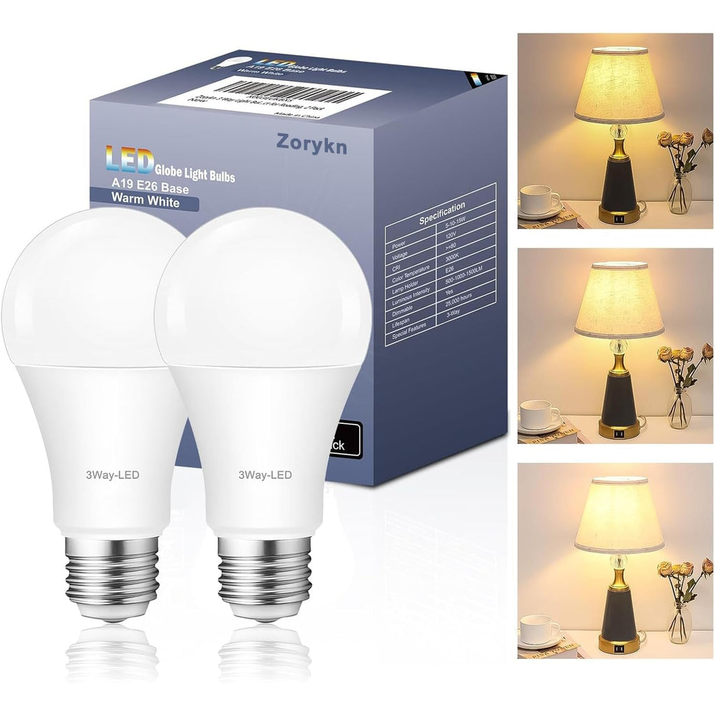 Zorykn 3 Way Light Bulbs 50 100 150 Warm White, E26 Medium Base,2 Pack