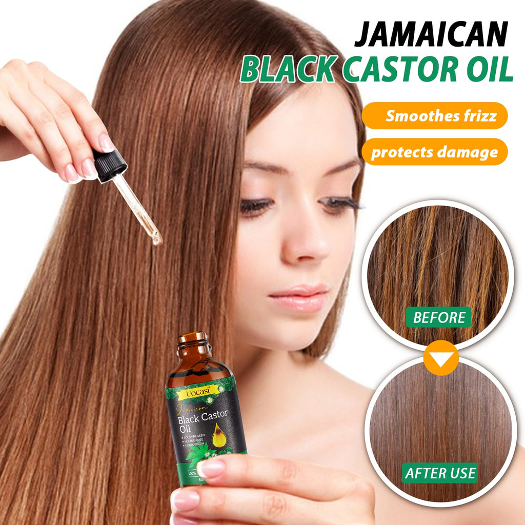 Uocasi Jamaican Black Castor Oil - 2Pack, 100% Pure and Organic, Cold Pressed in Glass Bottles for Hair Growth, Eyebrow Nourishment, and Skin Hydration, 4.04 Oz