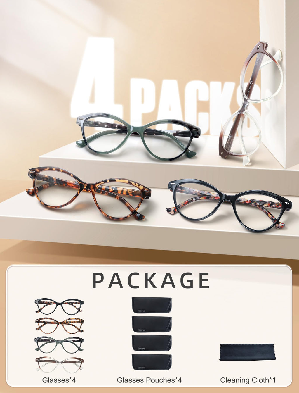 HEEYYOK 1.75 Readers For Women Small Face Womens Reading Glasses Cat Eye 4-Pack Cheaters Reading Glasses Comfort Spring Hinge