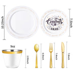 Goodluck 350 Piece Graduation Gold Plastic Dinnerware Set for 50 Guests, Congrats Grad Disposable Plates Include: 50 Dinner Plates, 50 Dessert Plates, 50 Cups, 50 Pre Rolled Napkins with Silverware