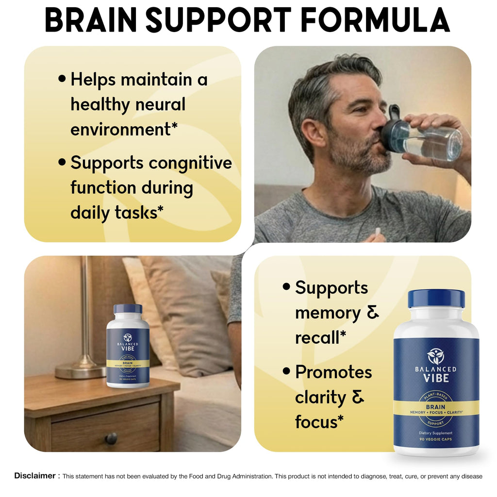 Balanced Vibe Brain Supplement 8 in 1 with Lion's Mane, Bacopa, Rhodiola, Ginkgo Brain Supplements for Memory, Focus & Mental Clarity, Non-Stimulant, Organic, Vegan, GMP Certified, 90 Capsules