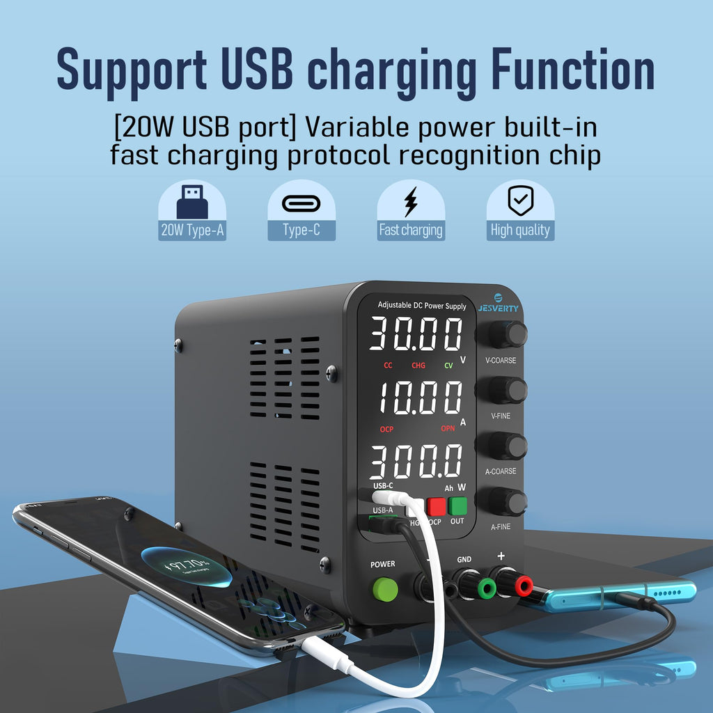 Jesverty DC Power Supply Variable, 0-32V 0-10A Switching Bench Power Supply with Intelligent Charging Mode, 20W USB & Type-C Quick-Charge, Encoder Knob, Output Switch, 4-Digit LED Display - SPS-3010C