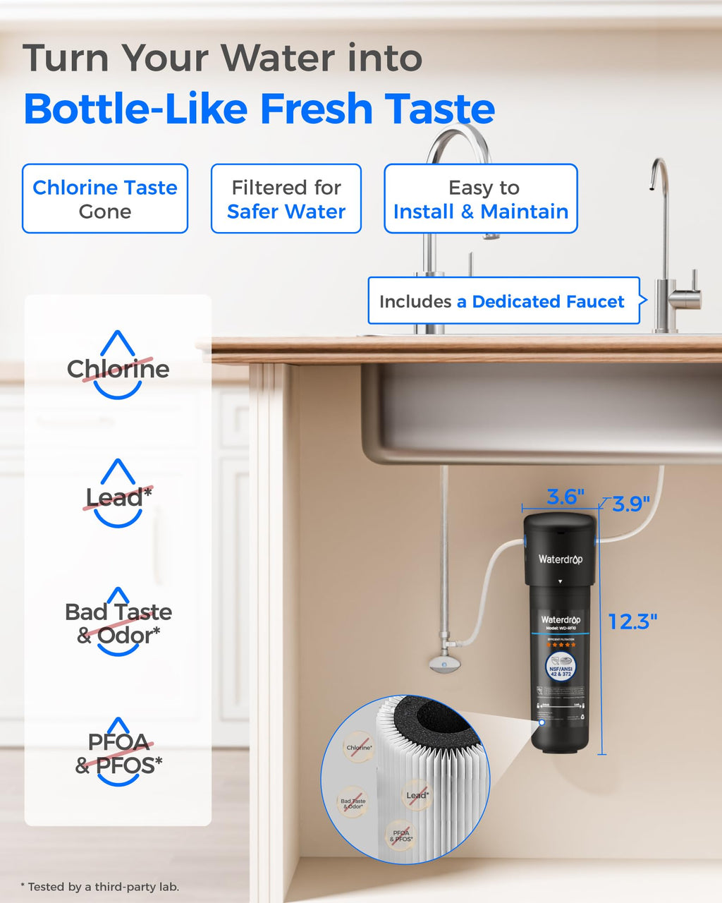 Waterdrop 10UB Under Sink Water Filter System, Reduces PFAS, PFOA/PFOS, Lead, Chlorine, Bad Taste & Odor, NSF/ANSI 42 Certified, Under Sink Water Filter with Faucet, 1 Year