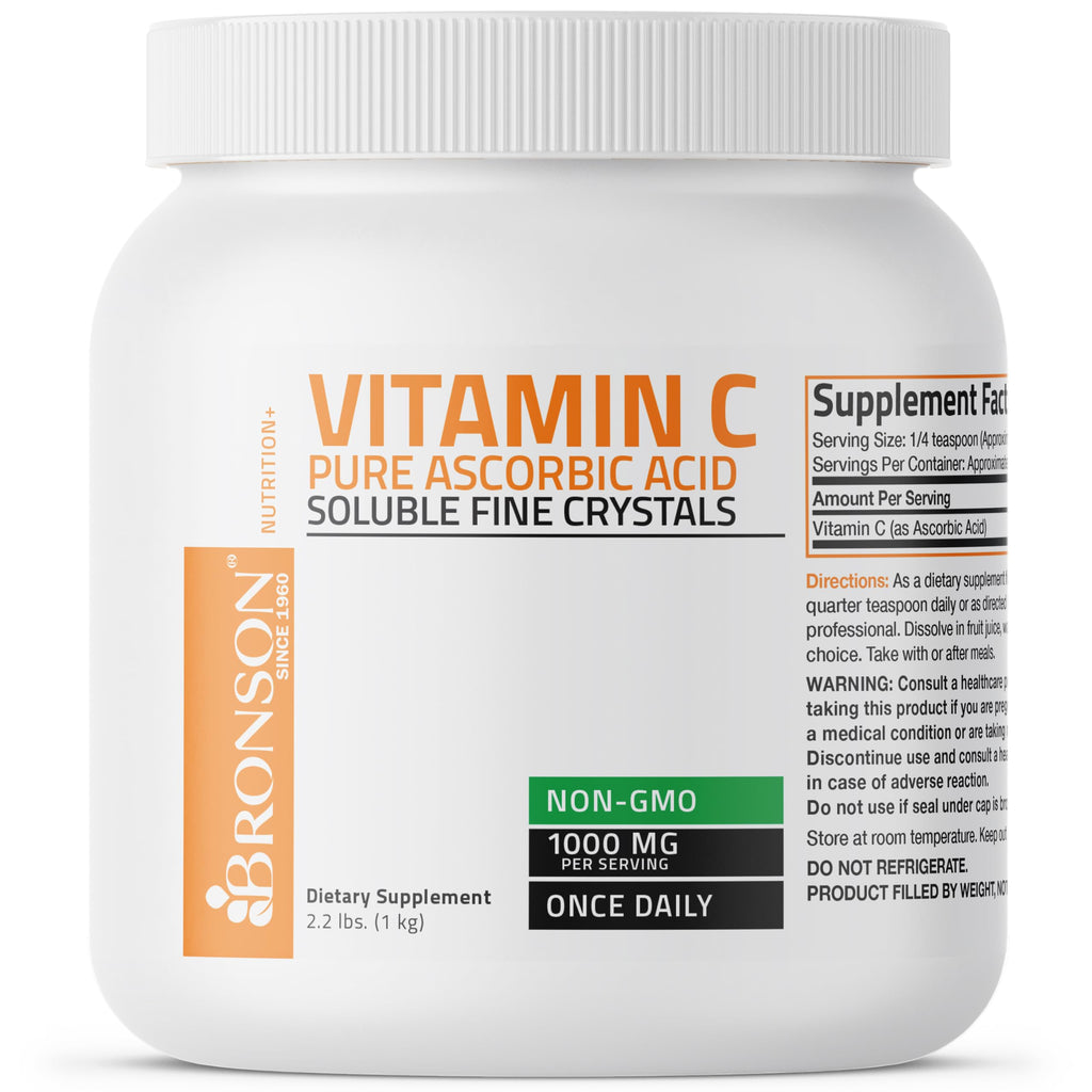 Bronson Vitamin C Powder Pure Ascorbic Acid Soluble Fine Non GMO Crystals – Promotes Healthy Immune System and Cell Protection – Powerful Antioxidant - 1 Kilogram (2.2 Lbs)