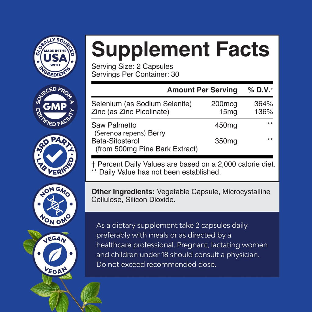 Saw Palmetto for Men with Beta Sitosterol - Saw Palmetto Extract Prostate Support Supplement for Men's Health & Better Bladder Control Plus Restoring Hair Supplement for Hair Health for Men - 60ct